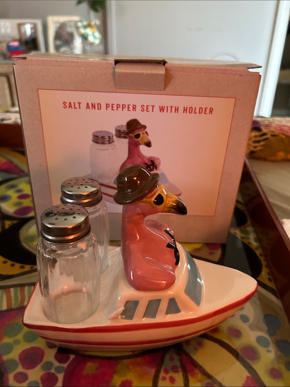 Pink Flamingo Salt & Pepper Set with Boat Holder